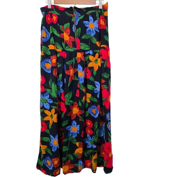 Vintage Navy Blue Floral Maxi Skirt High Waist Cottagecore Boho Tiered Red Blue - Picture 3 of 7